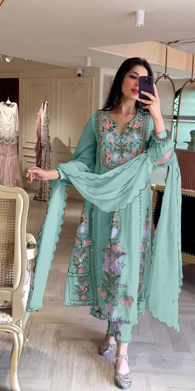 AD118 Peacock Blue Color Salwar Suit :Heavy Faux Georgette Heavy Embroidery Work Riyal Mirror Hand Work Wedding, Traditionl Wear, Festive, Events @1950/- | Jump Suits, Casual Suits, Creative suits, Designer Suits, Palazzo Suits, Party Wear Suits, Salwar suit, Straight Suits