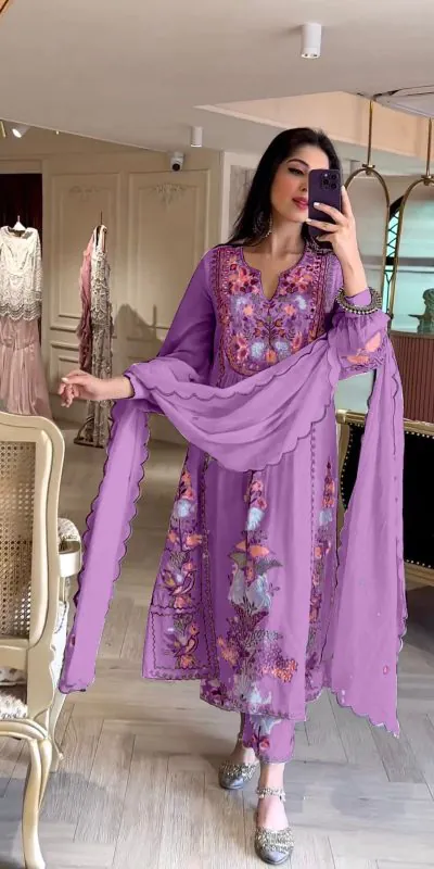 AD118 Violet Color Georgette Embroidery Work Salwar Suit Casual, Wedding, Festive, Events Etc. Expected Delivery  4-6 Working Days @1950/- | Jump Suits, Casual Suits, Creative suits, Designer Suits, Palazzo Suits, Party Wear Suits, Salwar suit, Straight Suits