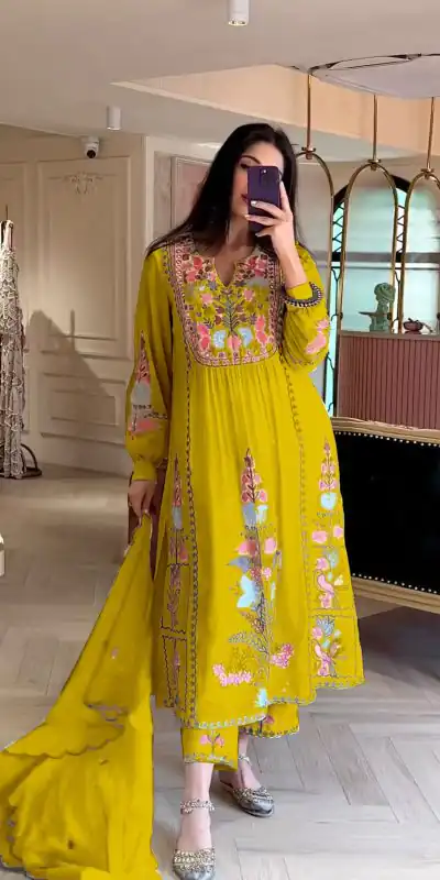 AD118 Yellow Color Georgette Embroidery Work Salwar Suit Casual, Wedding, Festive, Events Etc. Expected Delivery  4-6 Working Days @1950/- | Jump Suits, Casual Suits, Creative suits, Designer Suits, Palazzo Suits, Party Wear Suits, Salwar suit, Straight Suits