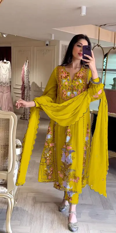 AD118 Yellow Color Georgette Embroidery Work Salwar Suit Casual, Wedding, Festive, Events Etc. Expected Delivery  4-6 Working Days @1950/- | Jump Suits, Casual Suits, Creative suits, Designer Suits, Palazzo Suits, Party Wear Suits, Salwar suit, Straight Suits