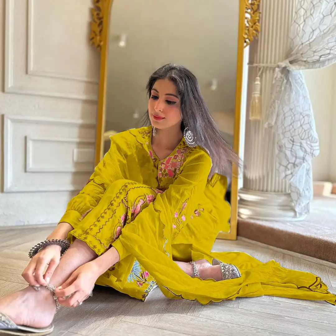 AD118 Yellow Color Georgette Embroidery Work Salwar Suit Casual, Wedding, Festive, Events Etc. Expected Delivery  4-6 Working Days @1950/- | Jump Suits, Casual Suits, Creative suits, Designer Suits, Palazzo Suits, Party Wear Suits, Salwar suit, Straight Suits