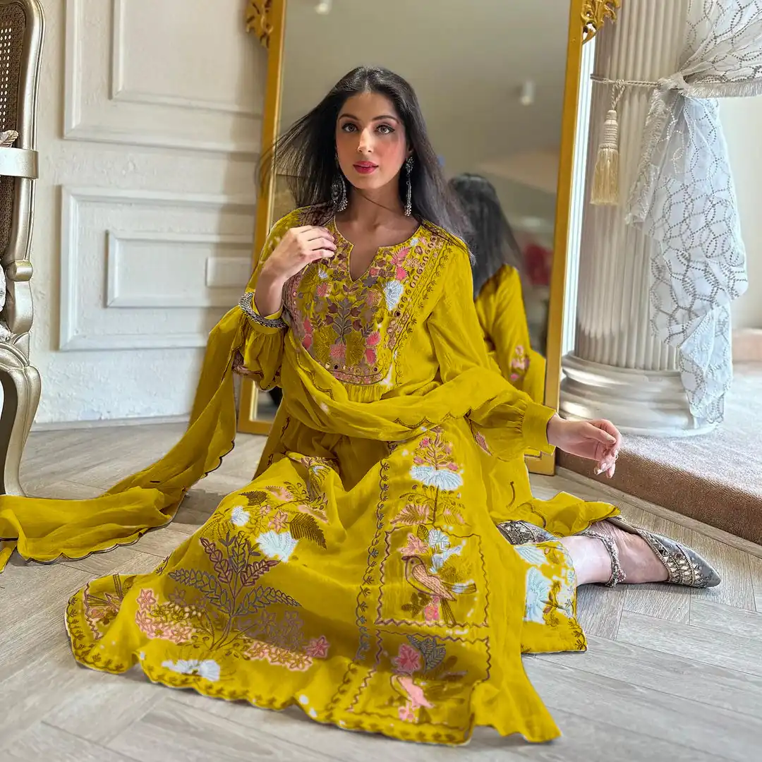 AD118 Yellow Color Georgette Embroidery Work Salwar Suit Casual, Wedding, Festive, Events Etc. Expected Delivery  4-6 Working Days @1950/- | Jump Suits, Casual Suits, Creative suits, Designer Suits, Palazzo Suits, Party Wear Suits, Salwar suit, Straight Suits