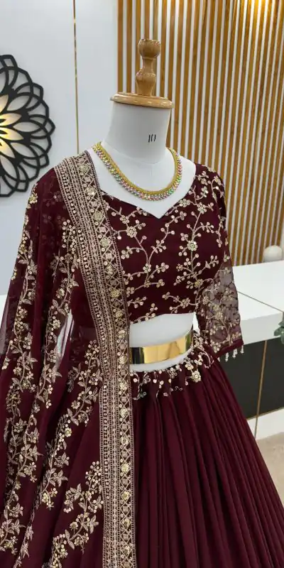 ZF 358 Dark Maroon Faux Georgette With Heavy Embroidery Sequence Work Lehenga Choli Wedding, Party, Events Etc. Expected Delivery 4-6 Working Days 2099/- | Bollywood Lehenga, Creative Lehenga, Designer Lehenga, Embroidered Lehenga, Lehenga, Party Wear Lehenga