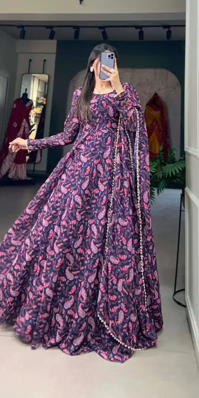YNF 5008 Purple Color Georgette Floral Printed Party Wear Gown Casual, Wedding, Party, Festive, Events Etc. Expected Delivery 4-6 Working Days 1799/- | Bollywood Gowns, Creative Gowns, Designer Gowns, Embroidered Gowns, Gowns, Party Wear Gowns
