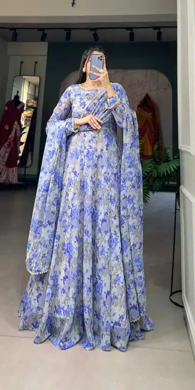 YNF 5008 Voilet Color Georgette Floral Printed Party Wear Gown Casual, Wedding, Party, Festive, Events Etc. Expected Delivery 4-6 Working Days 1799/- | Bollywood Gowns, Creative Gowns, Designer Gowns, Embroidered Gowns, Gowns, Party Wear Gowns