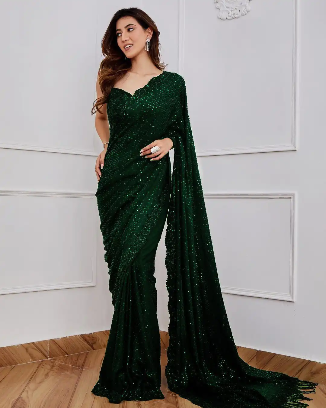 DF 3312 Bottle Green Color Georgette Embroidery Sequins Work Saree Casual, Party Wear, Wedding, Events Etc Delivery Expected.4-6 Working Days 1899/- | Bollywood Sarees, Creative Sarees, Designer Sarees, Embroidered Sarees, Ethnic Saree, Modern Digital sarees, Party Wear Sarees, Sarees