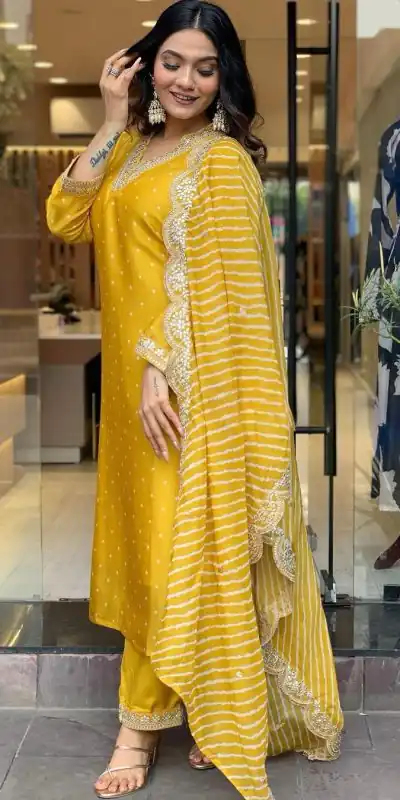 AD 149 Yellow Color Heavy Modal Silk Embroidery work Kurti Casual, Wedding, Party, Festive, Events Etc. Expected Delivery 4-6 Working Days @1899/- | Bollywood Kurti, Creative Kurtis, Designer Kurti, Kurti, Party Wear Kurti, Selfie Kurti