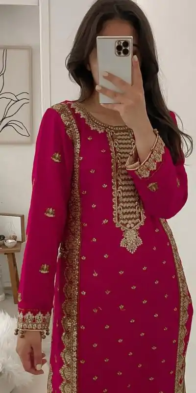 ZSR-3031 Red Color Top : Fox Georgette Work : Embroidery Sequence Work Inner : Micro Cotton Traditional Wear, Wedding, Festive, Events. @2199/- | Casual Suits, Jump Suits, Creative suits, Designer Suits, Palazzo Suits, Party Wear Suits, Patiala Suits, Salwar suit, Straight Suits