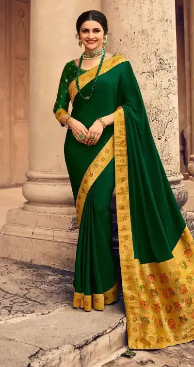 Exemplary Dark Green Saree : Georgette Work : Digital Print With Heavy Embroidered Lace Border Blouse : Banglori Silk Daily, Casual, Festive @1899/- | Bollywood Sarees, Creative Sarees, Designer Sarees, Embroidered Sarees, Ethnic Saree, Modern Digital sarees, Party Wear Sarees, Sarees
