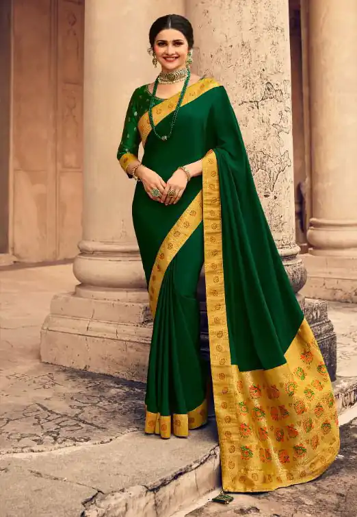 Exemplary Dark Green Saree : Georgette Work : Digital Print With Heavy Embroidered Lace Border Blouse : Banglori Silk Daily, Casual, Festive @1899/- | Bollywood Sarees, Creative Sarees, Designer Sarees, Embroidered Sarees, Ethnic Saree, Modern Digital sarees, Party Wear Sarees, Sarees