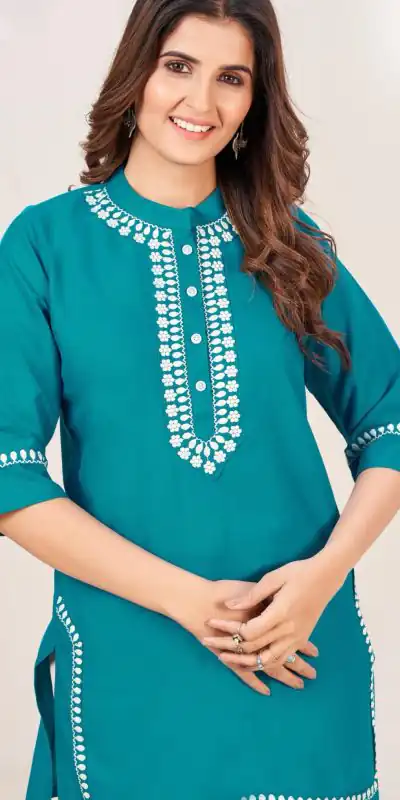  INLI Zia Blue  Color Rayon With Embroidery work Kurti Casual, Wedding, Party, Festive, Events Etc. Expected Delivery 4-6 Working Days @1299/- | Bollywood Kurti, Creative Kurtis, Designer Kurti, Kurti, Party Wear Kurti, Selfie Kurti