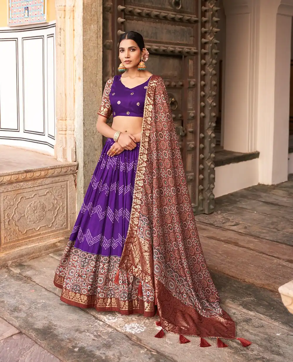 LNB 1614 Purple Color Tussar Silk Dot And Ajarakh & Drawstring With Foil Printed & Heavy Tassels Lehenga Choli   Expected Delivery 4-6 Working Days 2449/- | Bollywood Lehenga, Creative Lehenga, Designer Lehenga, Embroidered Lehenga, Lehenga, Party Wear Lehenga