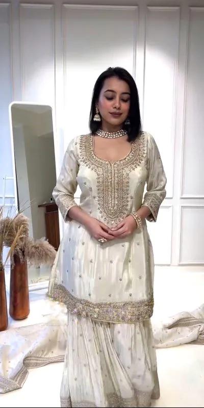 NSR 800 White Color Heavy Chinnon Silk Embroidery Sequence Work Sharara Suit Casual, Party Festive, Events Etc. Expected Delivery 4-6 Working Days @2149 | Jump Suits, Casual Suits, Creative suits, Designer Suits, Palazzo Suits, Party Wear Suits, Patiala Suits, Salwar suit, Straight Suits