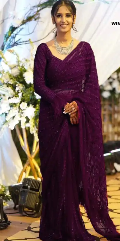 DF 3369 Wine Color Mono Net Sequins Embroidery work Saree Casual, Wedding, Festive, Events Etc. Expected Delivery 4-6 Working Days @1699/- | Bollywood Sarees, Creative Sarees, Designer Sarees, Embroidered Sarees, Ethnic Saree, Modern Digital sarees, Party Wear Sarees, Sarees