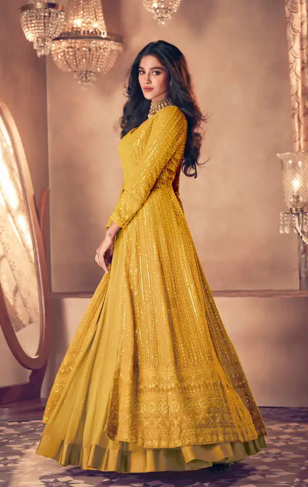 FC:-122 Yellow color heavy Georgette with Embroidery And Santoon Work Classic Designer Suit Wedding,Party,Festive@2399/- Only | Anarkali Suits, Bollywood Anarkali, Creative-Anarkali, Designer Anarkali, Embroidered Anarkali, Party Wear Anarkali