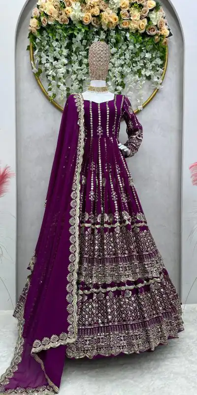 ZSR 6458 Wine color Faux Georgette With Embroidery thread with Sequence Top With Lehenga Traditional Wear, Wedding, Festive, Events. @2899/- | Bollywood Lehenga, Creative Lehenga, Designer Lehenga, Embroidered Lehenga, Lehenga, Party Wear Lehenga