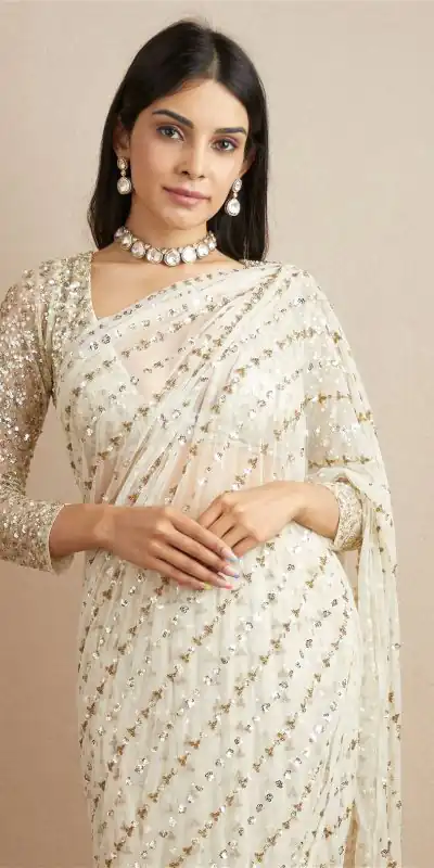 JR 602 White Color Georgette Embroidery Sequence Work Saree Casual, Party Wear, Wedding, Events Etc. Expected Delivery 4-6 Working Days @1649/- | Bollywood Sarees, Creative Sarees, Designer Sarees, Embroidered Sarees, Ethnic Saree, Modern Digital sarees, Party Wear Sarees, Sarees