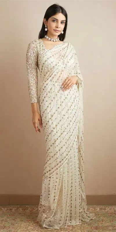 JR 602 White Color Georgette Embroidery Sequence Work Saree Casual, Party Wear, Wedding, Events Etc. Expected Delivery 4-6 Working Days @1649/- | Bollywood Sarees, Creative Sarees, Designer Sarees, Embroidered Sarees, Ethnic Saree, Modern Digital sarees, Party Wear Sarees, Sarees