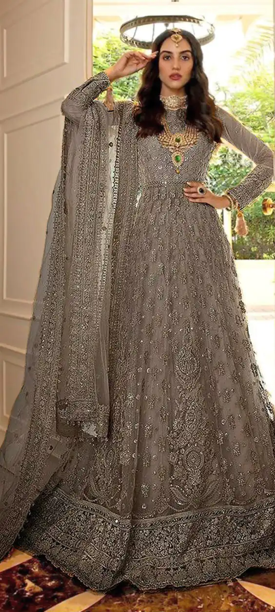 FC 194 Grey Color Net Embroidery And Mirror work Anarkali Suit Wedding, Party, Festive, Events Etc. Expected 4-6 Working Days @1999/- | Anarkali Suits, Bollywood Anarkali, Creative-Anarkali, Designer Anarkali, Embroidered Anarkali, Party Wear Anarkali