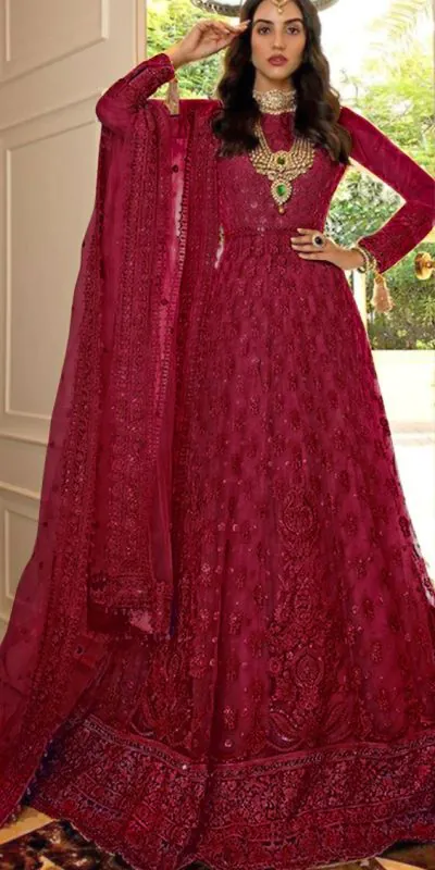 FC 194 Red Color Net Embroidery And Mirror work Anarkali Suit Wedding, Party, Festive, Events Etc. Expected 4-6 Working Days @1999/- | Anarkali Suits, Bollywood Anarkali, Creative-Anarkali, Designer Anarkali, Embroidered Anarkali, Party Wear Anarkali