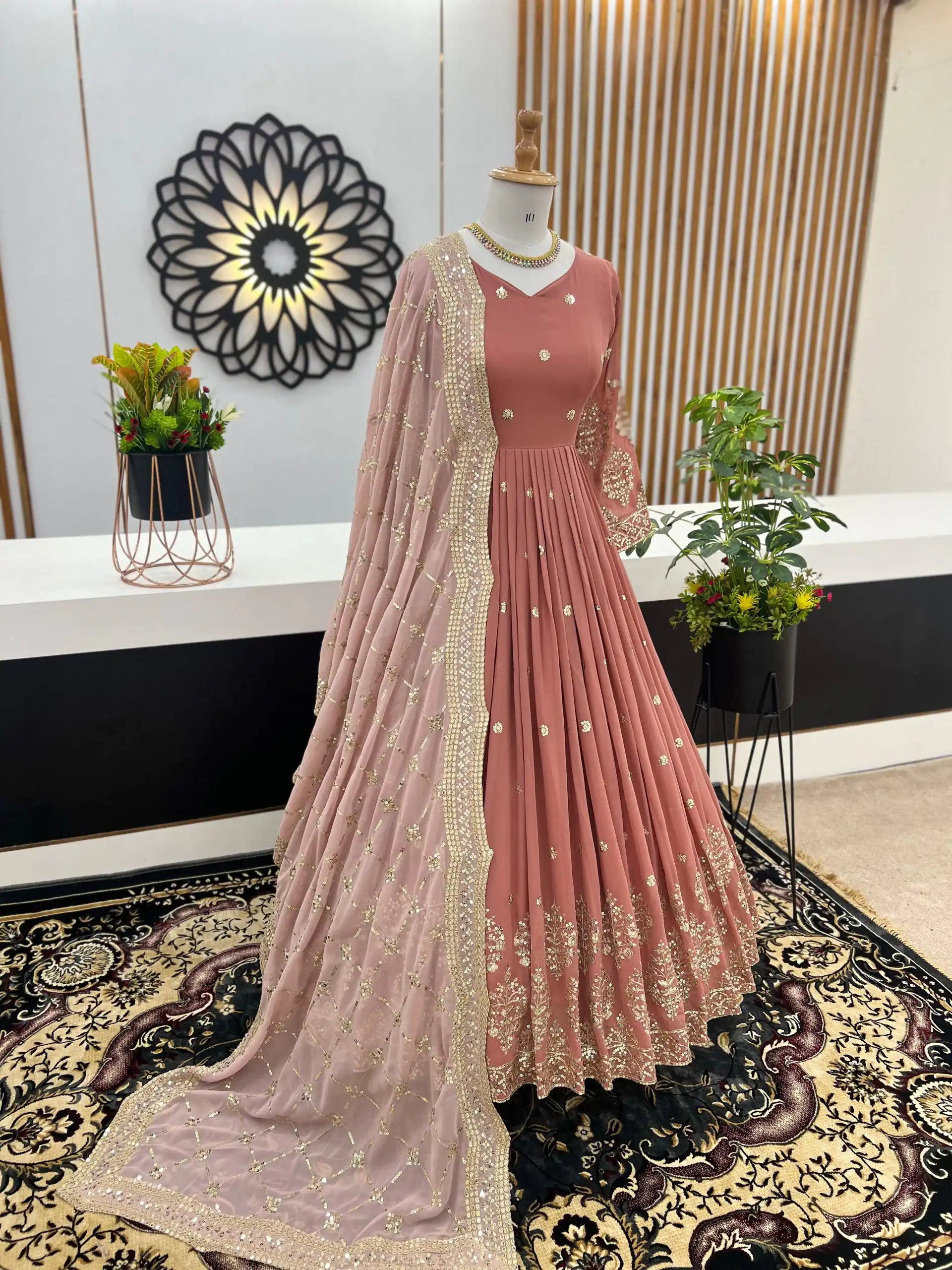 ZF 359 Peach Color Georgette Embroidery Sequence Work Gown Casual, Wedding, Party, Festive, Events Etc. Expected Delivery 4-6 Working Days @1999/- | Bollywood Gowns, Creative Gowns, Designer Gowns, Embroidered Gowns, Gowns, Party Wear Gowns