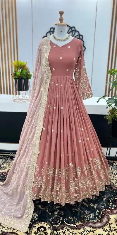 ZF 359 Peach Color Georgette Embroidery Sequence Work Gown Casual, Wedding, Party, Festive, Events Etc. Expected Delivery 4-6 Working Days @1999/- | Bollywood Gowns, Creative Gowns, Designer Gowns, Embroidered Gowns, Gowns, Party Wear Gowns