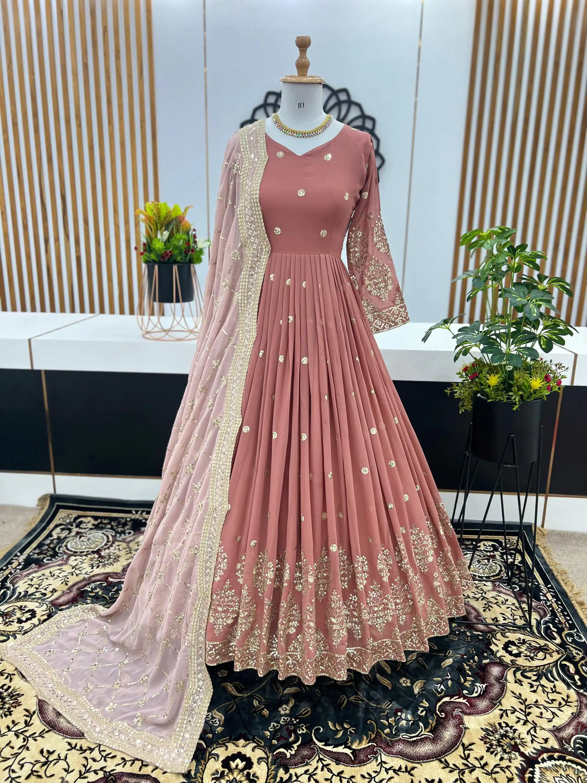 ZF 359 Peach Color Georgette Embroidery Sequence Work Gown Casual, Wedding, Party, Festive, Events Etc. Expected Delivery 4-6 Working Days @1999/- | Bollywood Gowns, Creative Gowns, Designer Gowns, Embroidered Gowns, Gowns, Party Wear Gowns