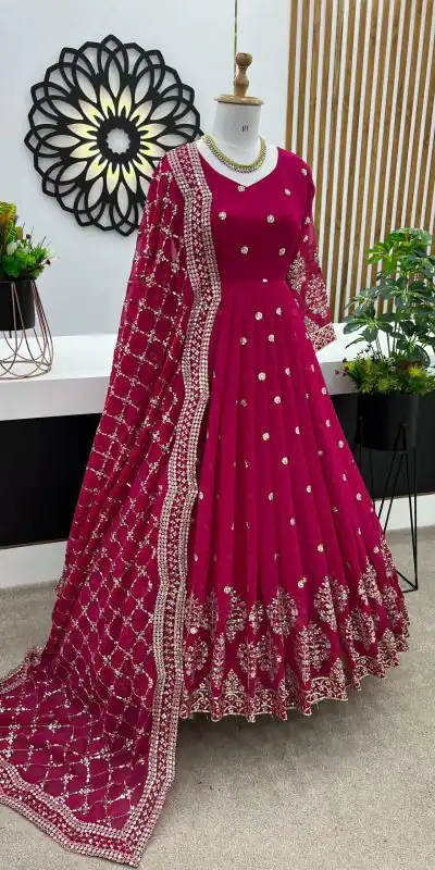 ZF 359 Rani Pink Color Georgette Embroidery Sequence Work Gown Casual, Wedding, Party, Festive, Events Etc. Expected Delivery 4-6 Working Days @1999/- | Bollywood Gowns, Creative Gowns, Designer Gowns, Embroidered Gowns, Gowns, Party Wear Gowns