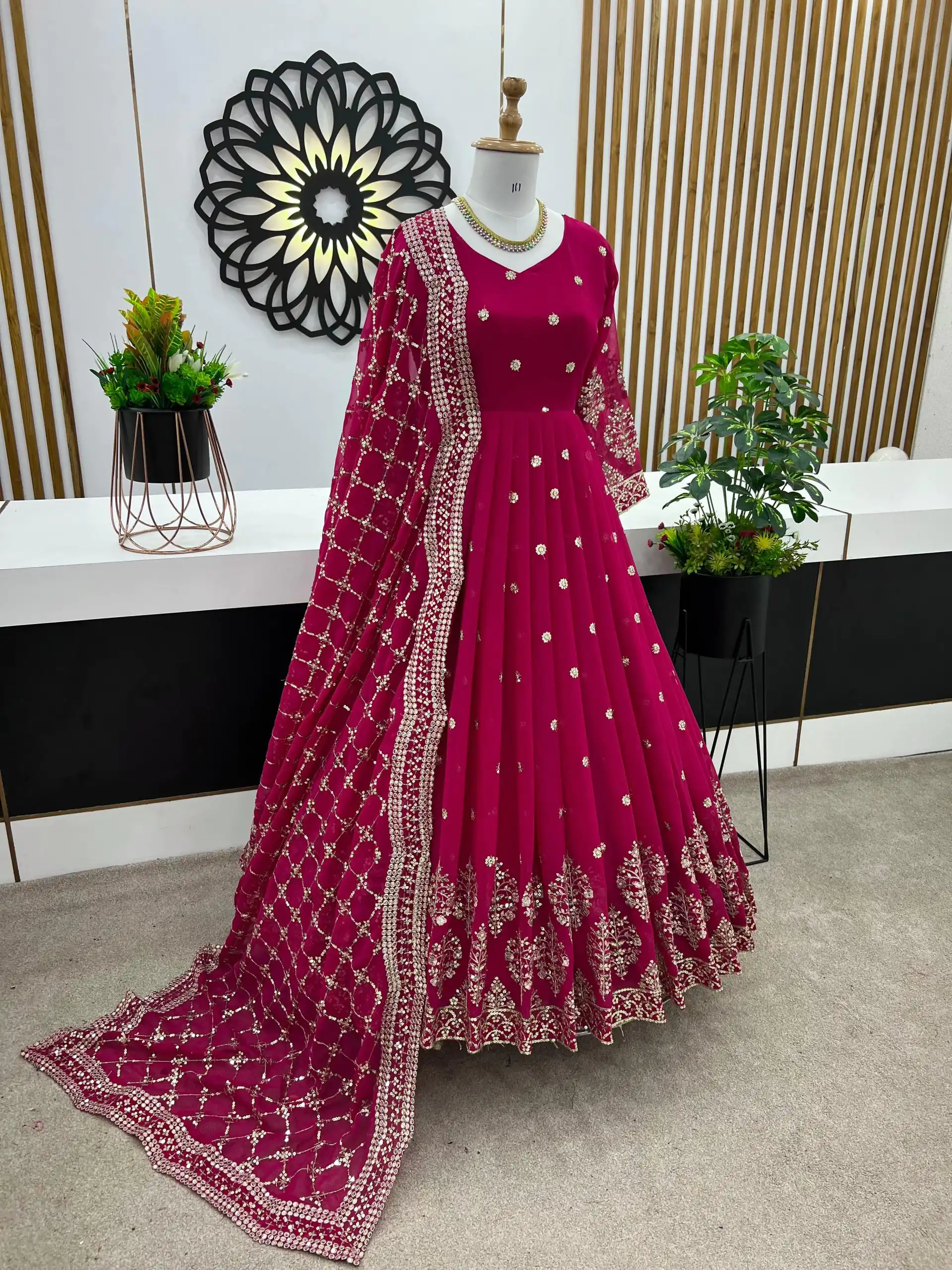 ZF 359 Rani Pink Color Georgette Embroidery Sequence Work Gown Casual, Wedding, Party, Festive, Events Etc. Expected Delivery 4-6 Working Days @1999/- | Bollywood Gowns, Creative Gowns, Designer Gowns, Embroidered Gowns, Gowns, Party Wear Gowns