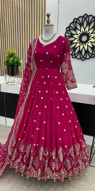 ZF 359 Rani Pink Color Georgette Embroidery Sequence Work Gown Casual, Wedding, Party, Festive, Events Etc. Expected Delivery 4-6 Working Days @1999/- | Bollywood Gowns, Creative Gowns, Designer Gowns, Embroidered Gowns, Gowns, Party Wear Gowns