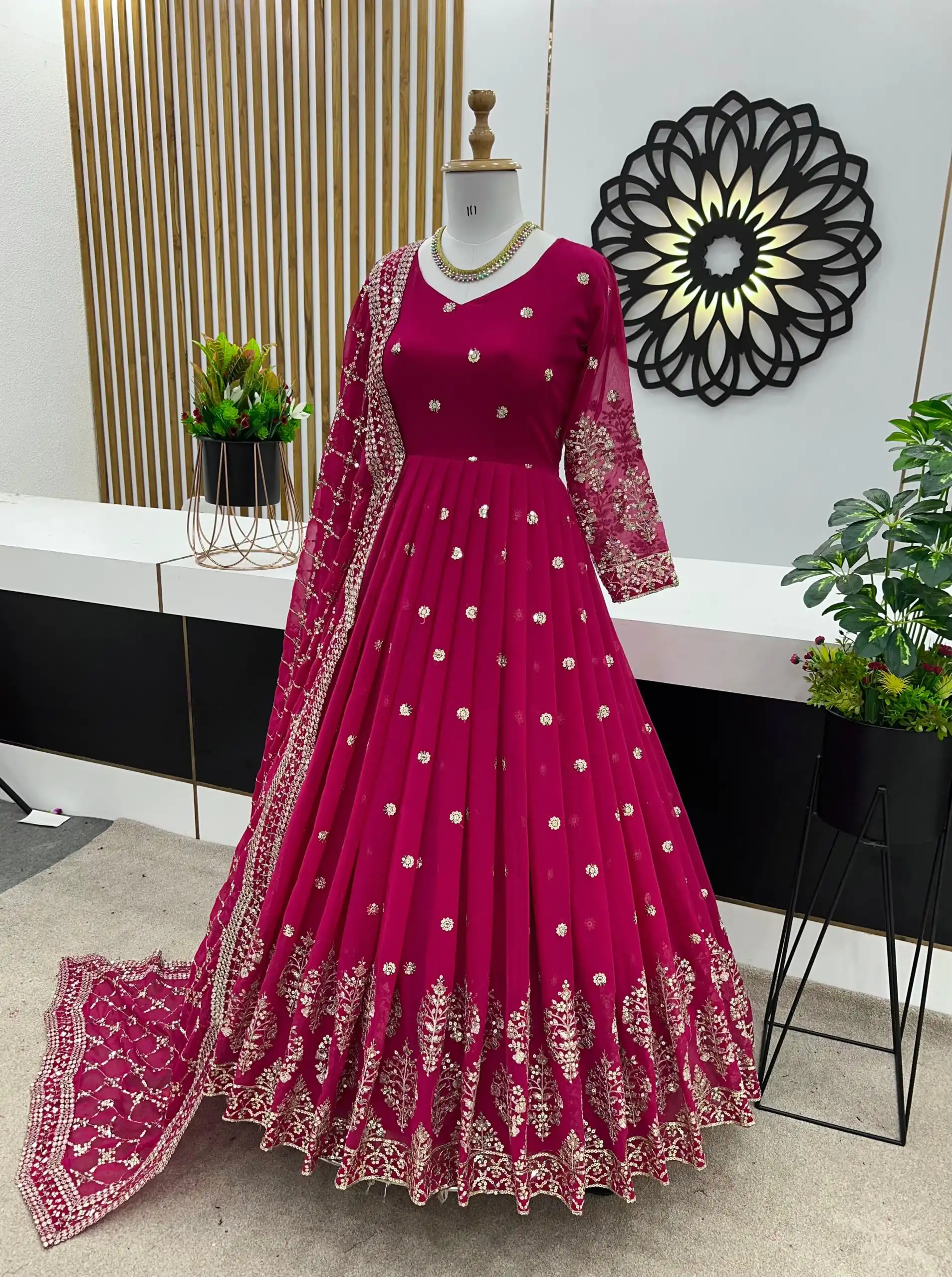 ZF 359 Rani Pink Color Georgette Embroidery Sequence Work Gown Casual, Wedding, Party, Festive, Events Etc. Expected Delivery 4-6 Working Days @1999/- | Bollywood Gowns, Creative Gowns, Designer Gowns, Embroidered Gowns, Gowns, Party Wear Gowns