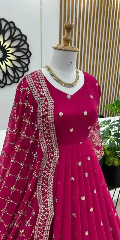 ZF 359 Rani Pink Color Georgette Embroidery Sequence Work Gown Casual, Wedding, Party, Festive, Events Etc. Expected Delivery 4-6 Working Days @1999/- | Bollywood Gowns, Creative Gowns, Designer Gowns, Embroidered Gowns, Gowns, Party Wear Gowns