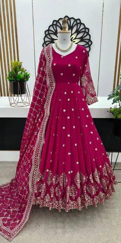 ZF 359 Rani Pink Color Georgette Embroidery Sequence Work Gown Casual, Wedding, Party, Festive, Events Etc. Expected Delivery 4-6 Working Days @1999/- | Bollywood Gowns, Creative Gowns, Designer Gowns, Embroidered Gowns, Gowns, Party Wear Gowns