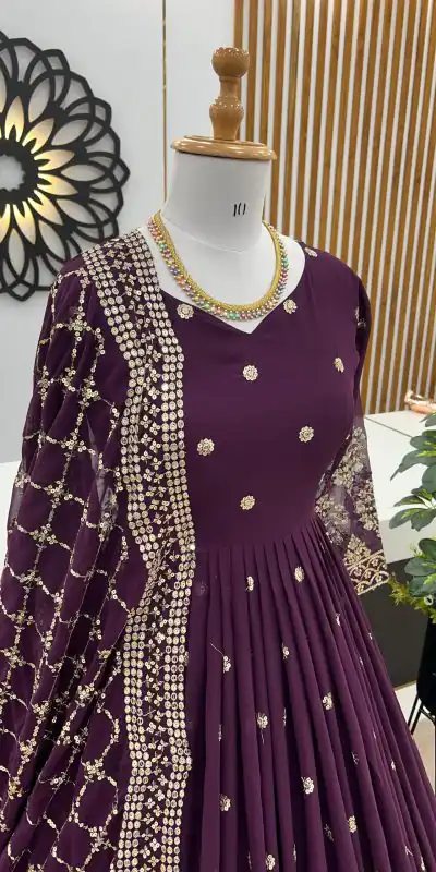 ZF 359 Voilet Color Georgette Embroidery Sequence Work Gown Casual, Wedding, Party, Festive, Events Etc. Expected Delivery 4-6 Working Days @1999/- | Bollywood Gowns, Creative Gowns, Designer Gowns, Embroidered Gowns, Gowns, Party Wear Gowns