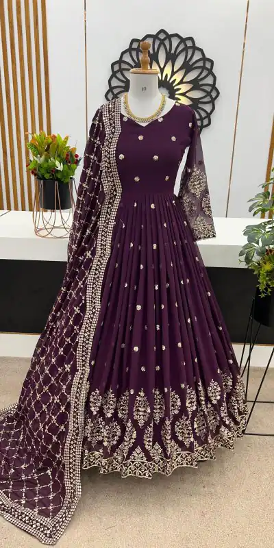 ZF 359 Voilet Color Georgette Embroidery Sequence Work Gown Casual, Wedding, Party, Festive, Events Etc. Expected Delivery 4-6 Working Days @1999/- | Bollywood Gowns, Creative Gowns, Designer Gowns, Embroidered Gowns, Gowns, Party Wear Gowns