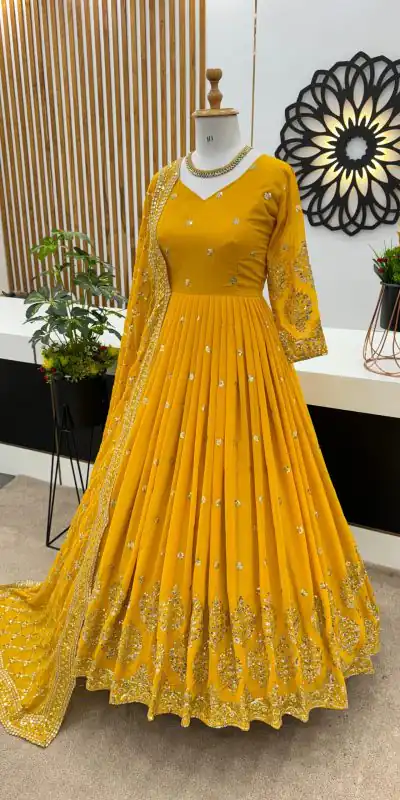 ZF 359 Yellow Color Georgette Embroidery Sequence Work Gown Casual, Wedding, Party, Festive, Events Etc. Expected Delivery 4-6 Working Days @1999/- | Bollywood Gowns, Creative Gowns, Designer Gowns, Embroidered Gowns, Gowns, Party Wear Gowns