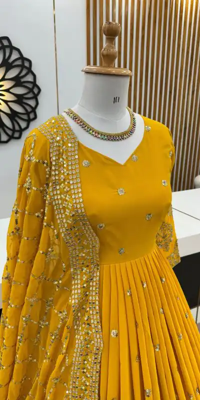 ZF 359 Yellow Color Georgette Embroidery Sequence Work Gown Casual, Wedding, Party, Festive, Events Etc. Expected Delivery 4-6 Working Days @1999/- | Bollywood Gowns, Creative Gowns, Designer Gowns, Embroidered Gowns, Gowns, Party Wear Gowns