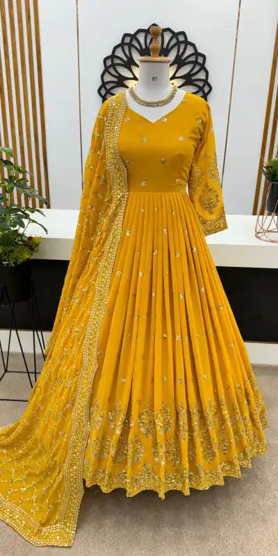 ZF 359 Yellow Color Georgette Embroidery Sequence Work Gown Casual, Wedding, Party, Festive, Events Etc. Expected Delivery 4-6 Working Days @1999/- | Bollywood Gowns, Creative Gowns, Designer Gowns, Embroidered Gowns, Gowns, Party Wear Gowns