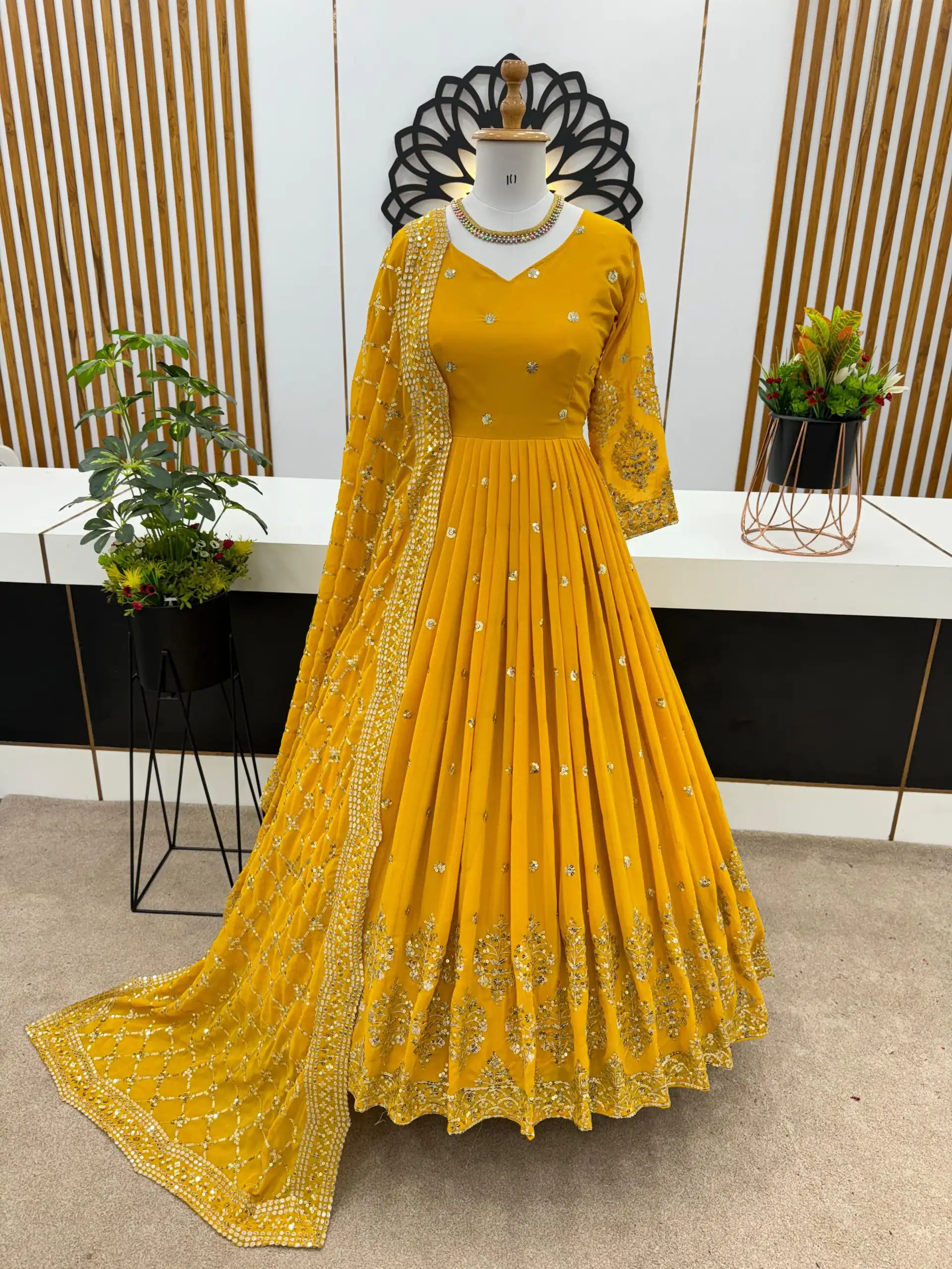ZF 359 Yellow Color Georgette Embroidery Sequence Work Gown Casual, Wedding, Party, Festive, Events Etc. Expected Delivery 4-6 Working Days @1999/- | Bollywood Gowns, Creative Gowns, Designer Gowns, Embroidered Gowns, Gowns, Party Wear Gowns