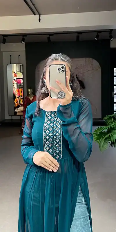 YNF 3501 Peacock Blue Color Georgette Sequins Embroidery work Kurti Casual, Wedding, Party, Festive, Events Etc. Expected Delivery 4-6 Working Days @1399/- | Bollywood Kurti, Creative Kurtis, Designer Kurti, Kurti, Party Wear Kurti, Selfie Kurti