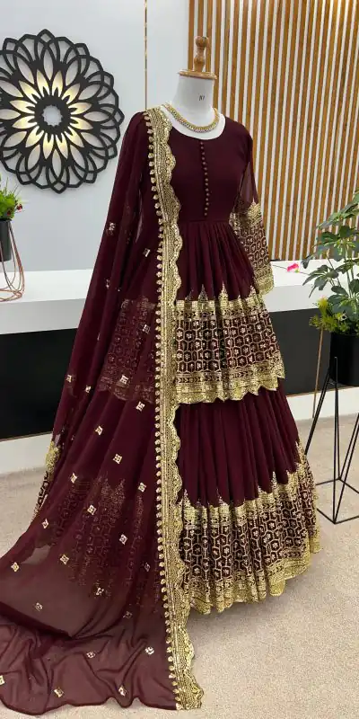 ZF 362 Dark Maroon Faux Georgette With Heavy Embroidery Sequence Work Lehenga Choli Wedding, Party, Events Etc. Expected Delivery 4-6 Working Days 2099/- | Bollywood Lehenga, Creative Lehenga, Designer Lehenga, Embroidered Lehenga, Lehenga, Party Wear Lehenga