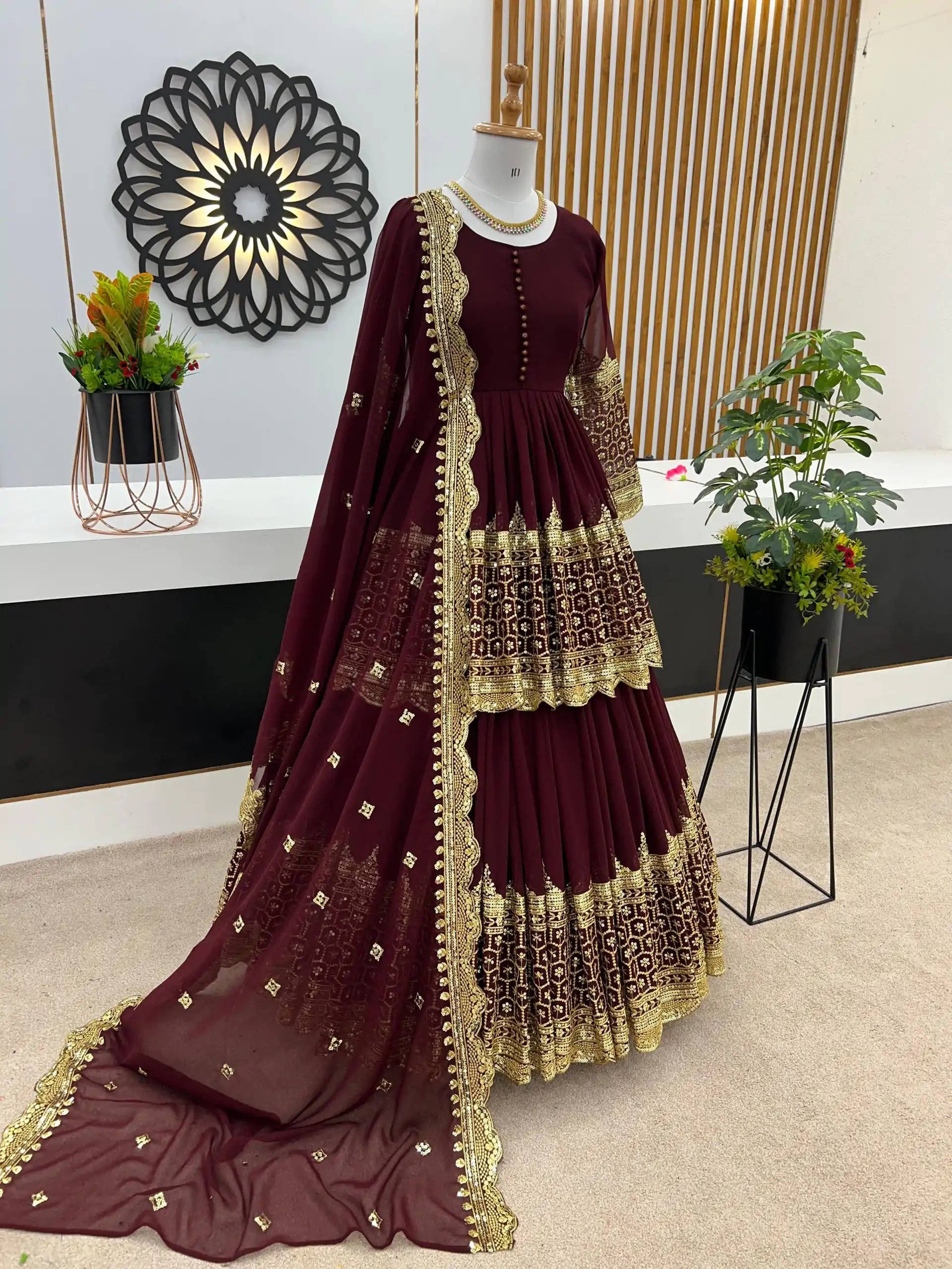 ZF 362 Dark Maroon Faux Georgette With Heavy Embroidery Sequence Work Lehenga Choli Wedding, Party, Events Etc. Expected Delivery 4-6 Working Days 2099/- | Bollywood Lehenga, Creative Lehenga, Designer Lehenga, Embroidered Lehenga, Lehenga, Party Wear Lehenga