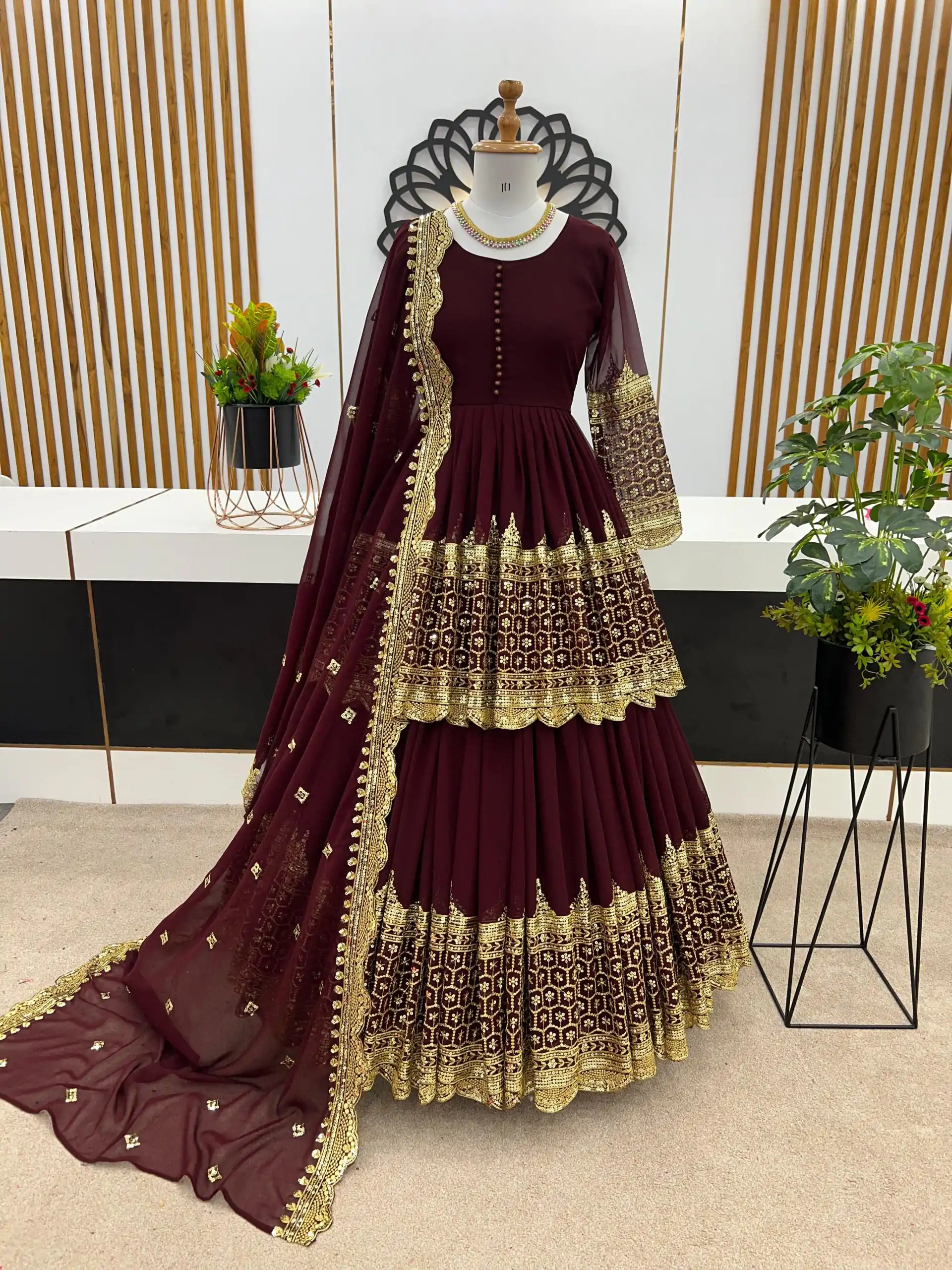 ZF 362 Dark Maroon Faux Georgette With Heavy Embroidery Sequence Work Lehenga Choli Wedding, Party, Events Etc. Expected Delivery 4-6 Working Days 2099/- | Bollywood Lehenga, Creative Lehenga, Designer Lehenga, Embroidered Lehenga, Lehenga, Party Wear Lehenga