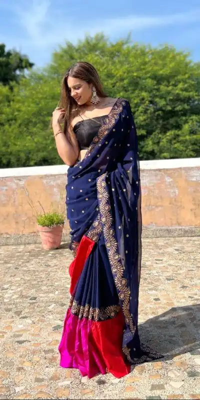JR 612 Navy Blue Color Georgette With Embroidery Work Saree Casual, Party Wear, Wedding, Events Etc. Expected Delivery 4-6 Working Days 1649/- | Bollywood Sarees, Creative Sarees, Designer Sarees, Embroidered Sarees, Ethnic Saree, Modern Digital sarees, Party Wear Sarees, Sarees