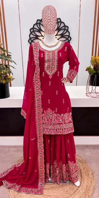 ZF 367 Maroon Color Faux Georgette thread Sequence Work Sharara Suit Casual, Wedding, Party, Festive, Events Etc. Expected Delivery 4-6 Working Days @2399/- | Bollywood Sarees, Creative Sarees, Designer Sarees, Embroidered Sarees, Ethnic Saree, Modern Digital sarees, Party Wear Sarees, Sarees