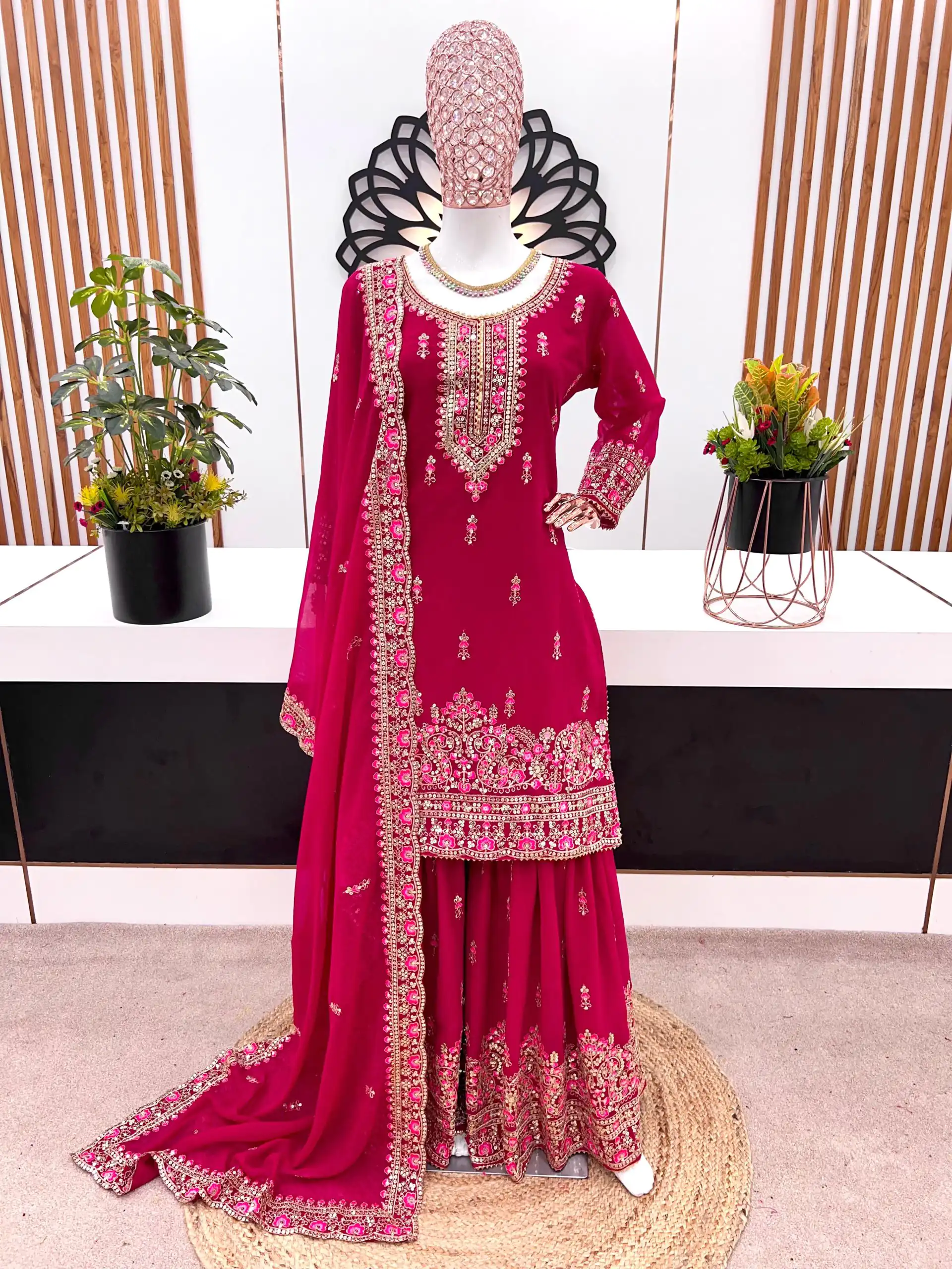 ZF 367 Maroon Color Faux Georgette thread Sequence Work Sharara Suit Casual, Wedding, Party, Festive, Events Etc. Expected Delivery 4-6 Working Days @2399/- | Jump Suits, Casual Suits, Creative suits, Designer Suits, Palazzo Suits, Party Wear Suits, Patiala Suits, Salwar suit, Straight Suits