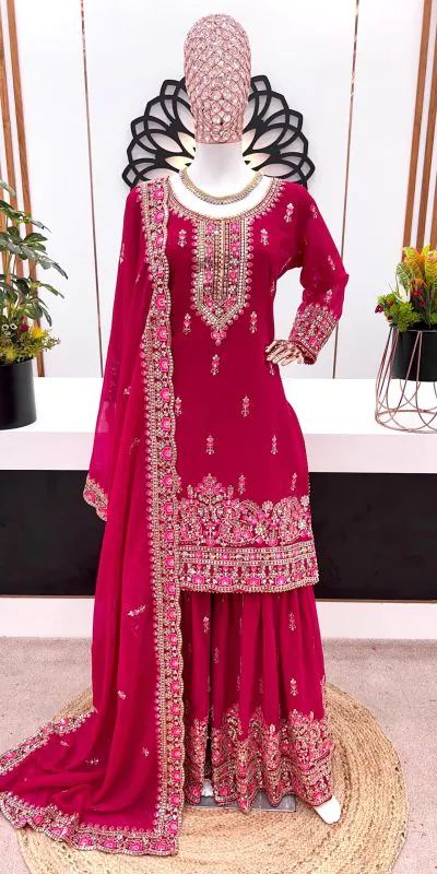 ZF 367 Maroon Color Faux Georgette thread Sequence Work Sharara Suit Casual, Wedding, Party, Festive, Events Etc. Expected Delivery 4-6 Working Days @2399/- | Bollywood Sarees, Creative Sarees, Designer Sarees, Embroidered Sarees, Ethnic Saree, Modern Digital sarees, Party Wear Sarees, Sarees