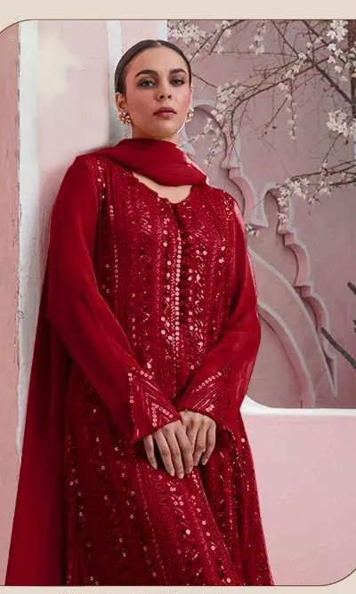 DS 001255 Red Color Georgette Embroidered Straight Pakistani Salwar Suit Casual, Wedding, Festive, Events Etc. Expected Delivery 4-6 Working Days @1949/- | Jump Suits, Casual Suits, Creative suits, Designer Suits, Palazzo Suits, Party Wear Suits, Patiala Suits, Salwar suit, Straight Suits