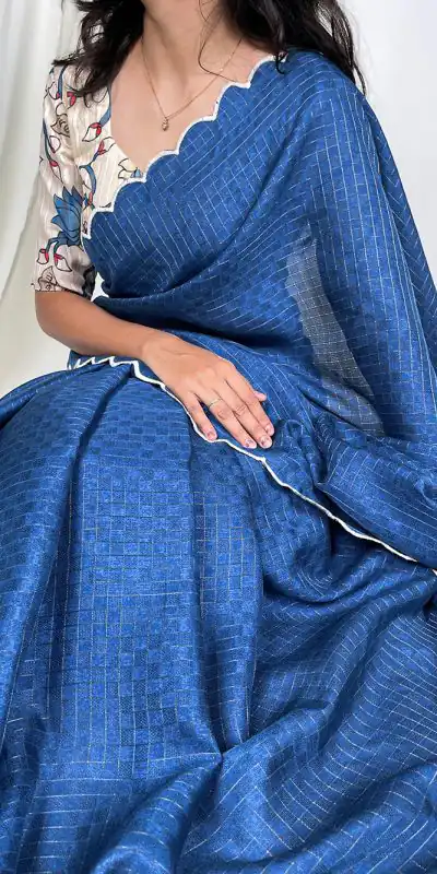 YNF 7706 Blue :Saree Fabric Gadhawal Chex :Saree Work :Arca Work Blouse Fabric : Linan patta silk Party wear Designer Saree @1349 | Bollywood Sarees, Creative Sarees, Designer Sarees, Modern Digital sarees, Party Wear Sarees, Sarees