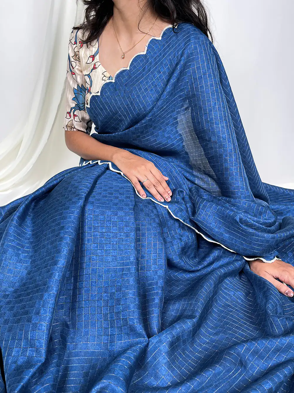 YNF 7706 Blue :Saree Fabric Gadhawal Chex :Saree Work :Arca Work Blouse Fabric : Linan patta silk Party wear Designer Saree @1349 | Bollywood Sarees, Creative Sarees, Designer Sarees, Modern Digital sarees, Party Wear Sarees, Sarees